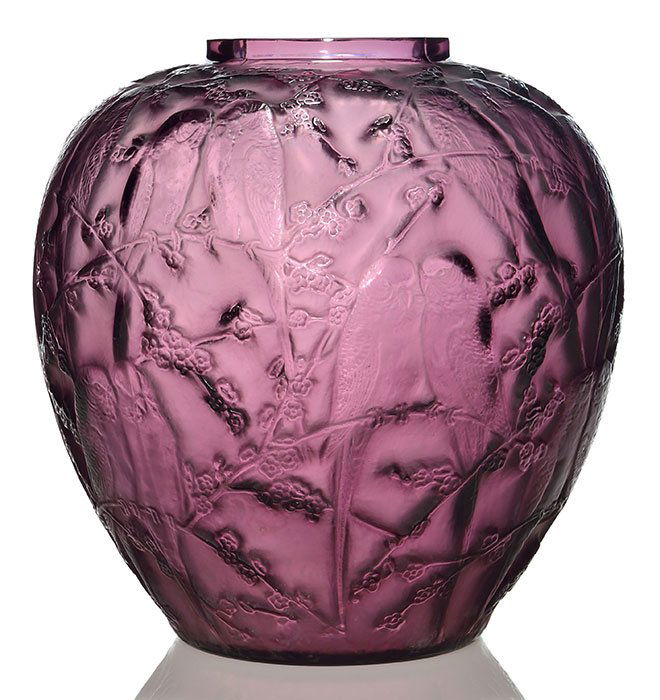Lalique Perruches vase, amethyst, 9 3/4 inches, mold (1 of 5)