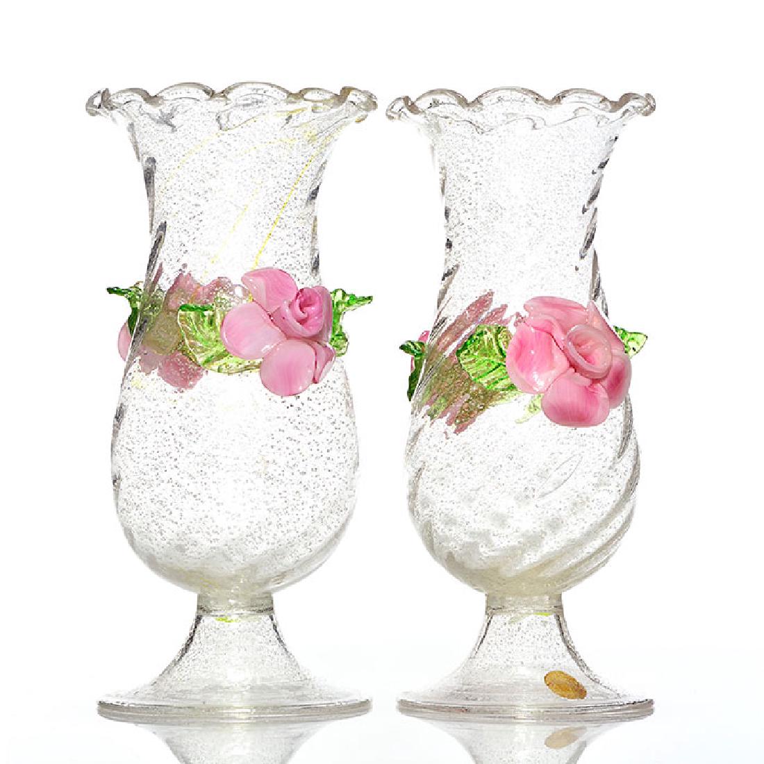 Pair Murano Mica vases, applied pink flowers, 9 3/4 (1 of 1)