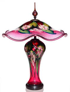 Charles Lotton lamps, table and floor, Gold Ruby Multi: Charles Lotton, a matching presentation of a Gold Ruby Multi Flora floor lamp and a Gold Ruby Multi Flora table lamp, created from the same gather of glass. The table lamp stands 29 1/2 inches includi