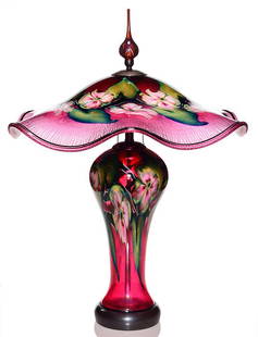 Charles Lotton lamps, table and floor, Gold Ruby Multi: Charles Lotton, a matching presentation of a Gold Ruby Multi Flora floor lamp and a Gold Ruby Multi Flora table lamp, created from the same gather of glass. The table lamp stands 29 1/2 inches includi