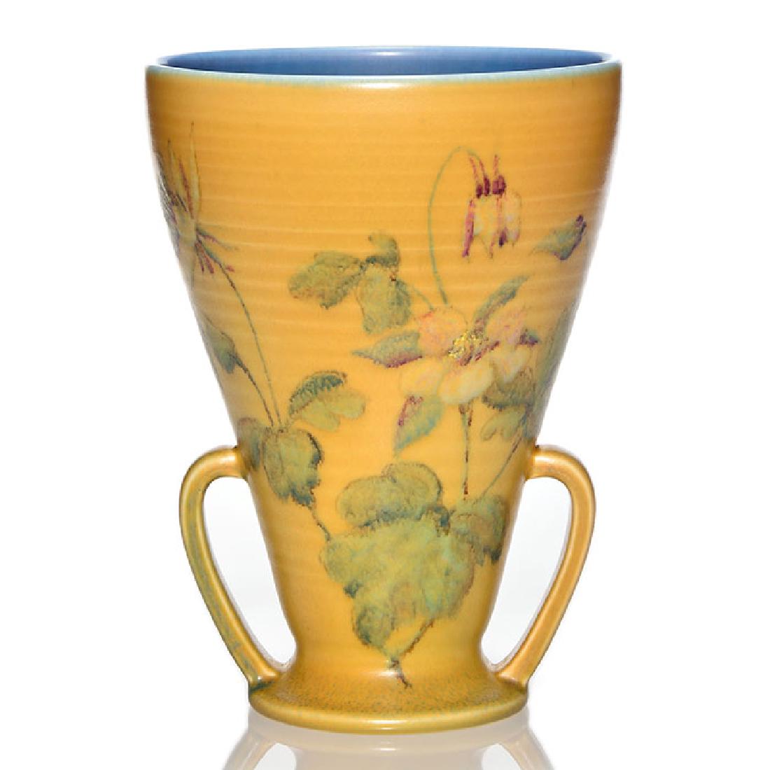 Rookwood mat floral vase, Pullman, 1929, 6111, 8 7/8: Decorated mat twin handled vase with floral decoration, the work of John Wesley Pullman in 1929. Marks include the Rookwood logo, date, shape 6111 and Mr. Pullman’s monogram in dark slip. Excellent