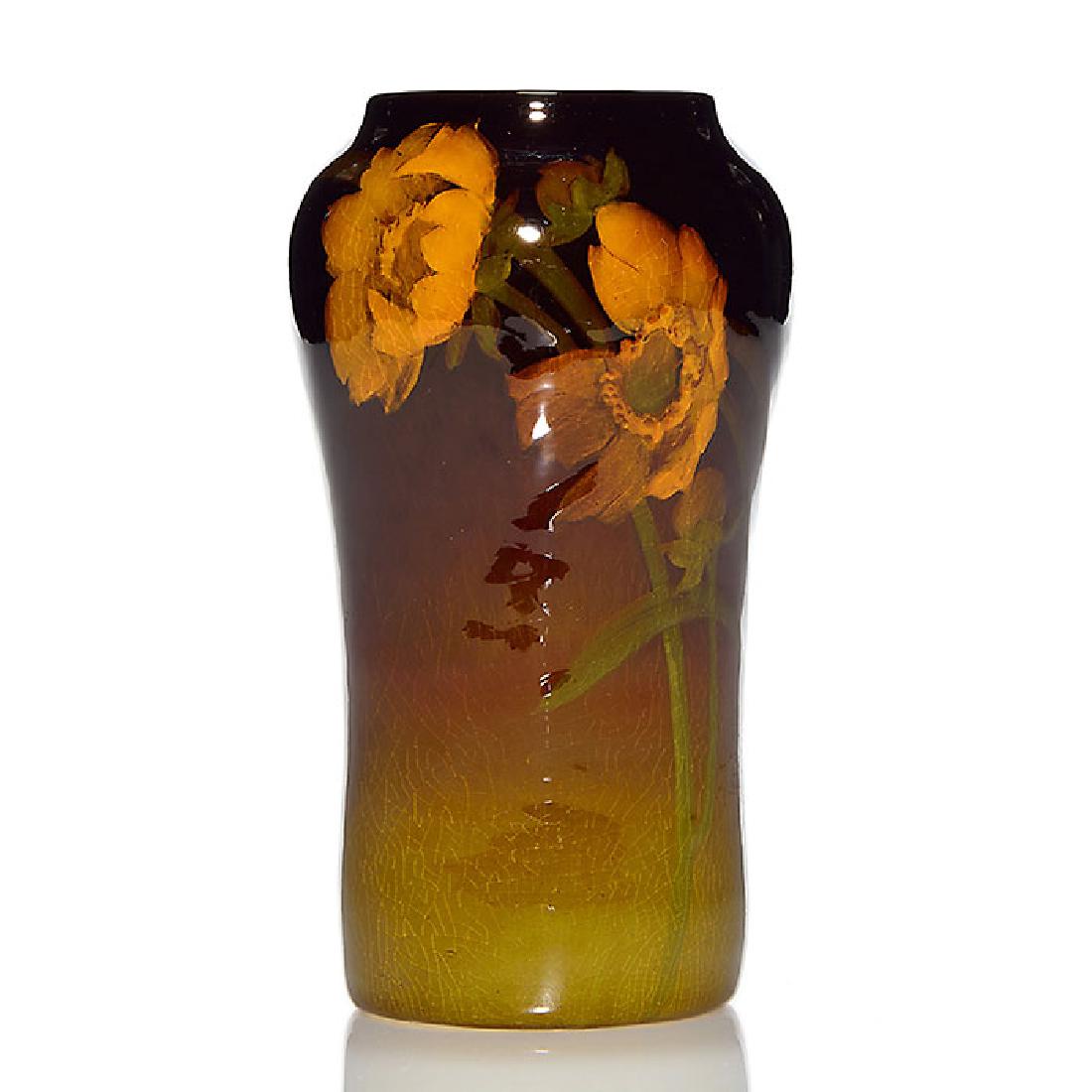 Rookwood Standard glaze vase, Grace Hall, 1904, 935 E,: Standard glaze vase with yellow floral decoration, the work Grace Hall in 1904. Marks include the Rookwood logo, date, shape 935 E and Ms. Hall’s incised initials. There is fine overall crazing, a s