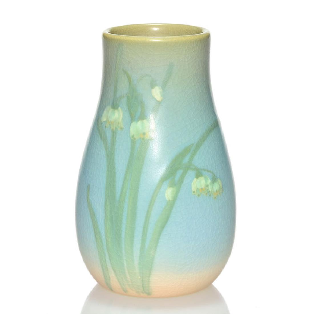 Rookwood Vellum vase, McDonald, 1913, 1096, 5”, Glover: Vellum glaze vase with floral decoration, the work of Margaret McDonald in 1913. Marks include the Rookwood logo, date, shape 1096, Ms. McDonald’s incised monogram and the original sticker designati