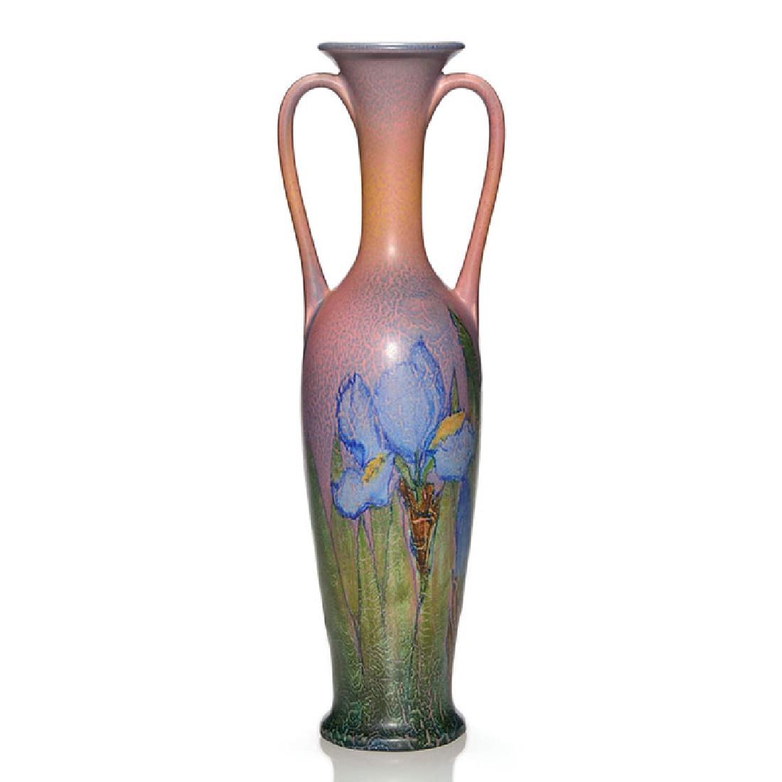 Rookwood mat handled vase, irises, 16 1/4 inches, 1928, (1 of 2)