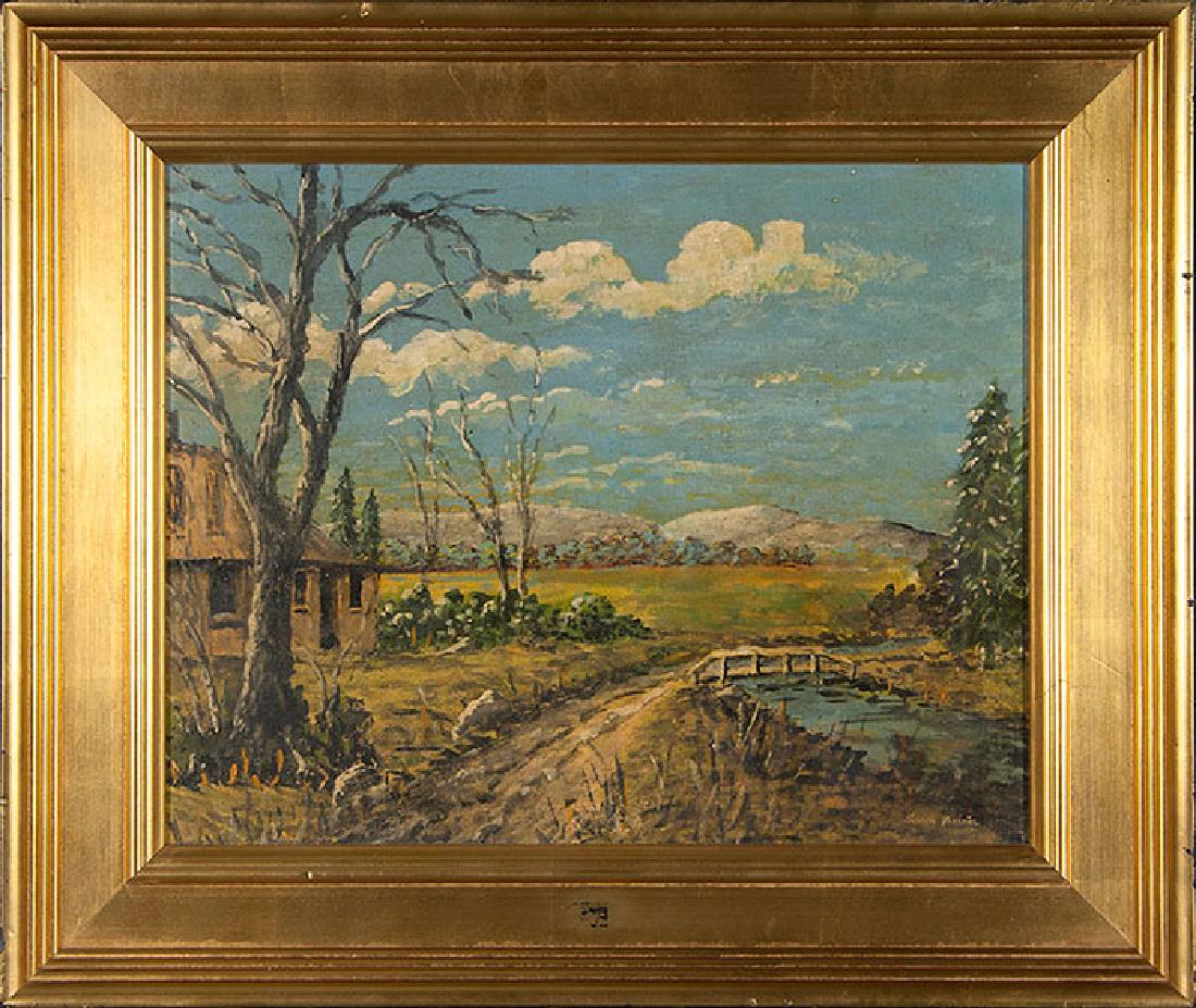Aaron Bohrod O/C landscape, ca 1940, 16 x 20 inches: Aaron Bohrod (American, Chicago, Wisconsin, 1907 to 1992) fall landscape, oil on canvas board showing a small building beside a wooden bridge with white clouds in the sky. Signed lower right. Sight si