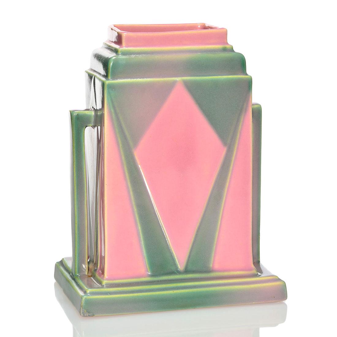 Roseville Futura Jukebox vase, 386-8", 8 1/8": Roseville Futura Jukebox vase, shape 386-8", unmarked. There is a professional repair to one corner of the base. Height is 8 1/8 inches.