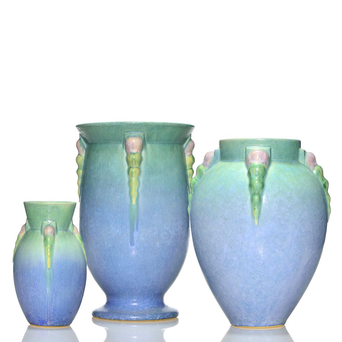 3 Roseville Topeo vases in blue, 663-10", 661-9 1/4", (1 of 1)