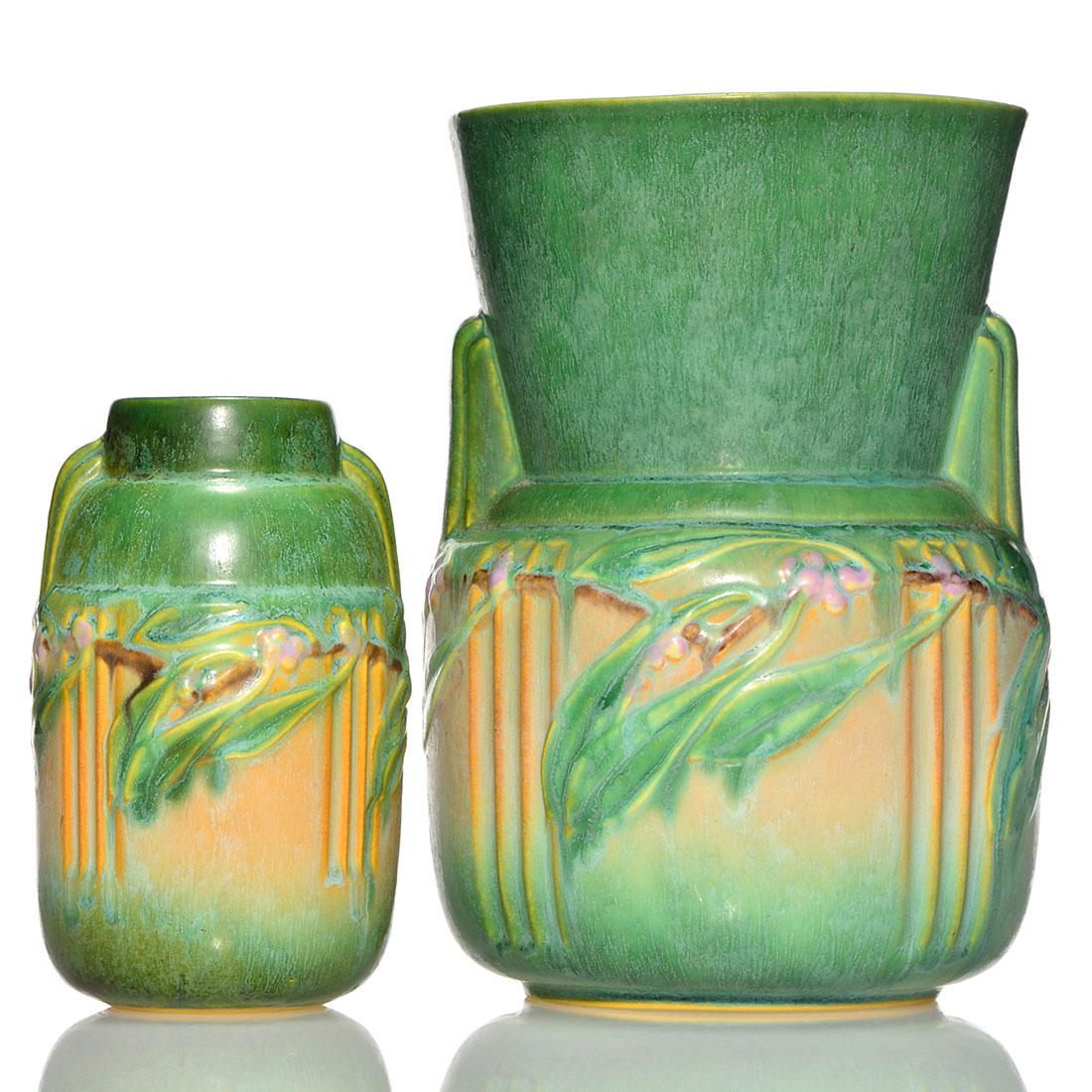 2 Roseville Laurel vases, shapes 675-9 and 668-6, green (1 of 1)