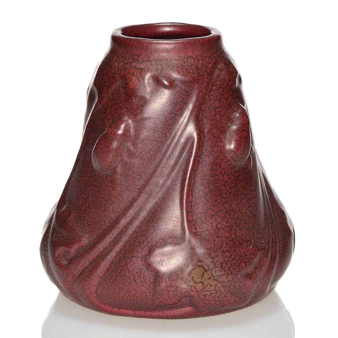 Weller Matt Ware vase, scarabs, maroon, 5 inches (1 of 1)