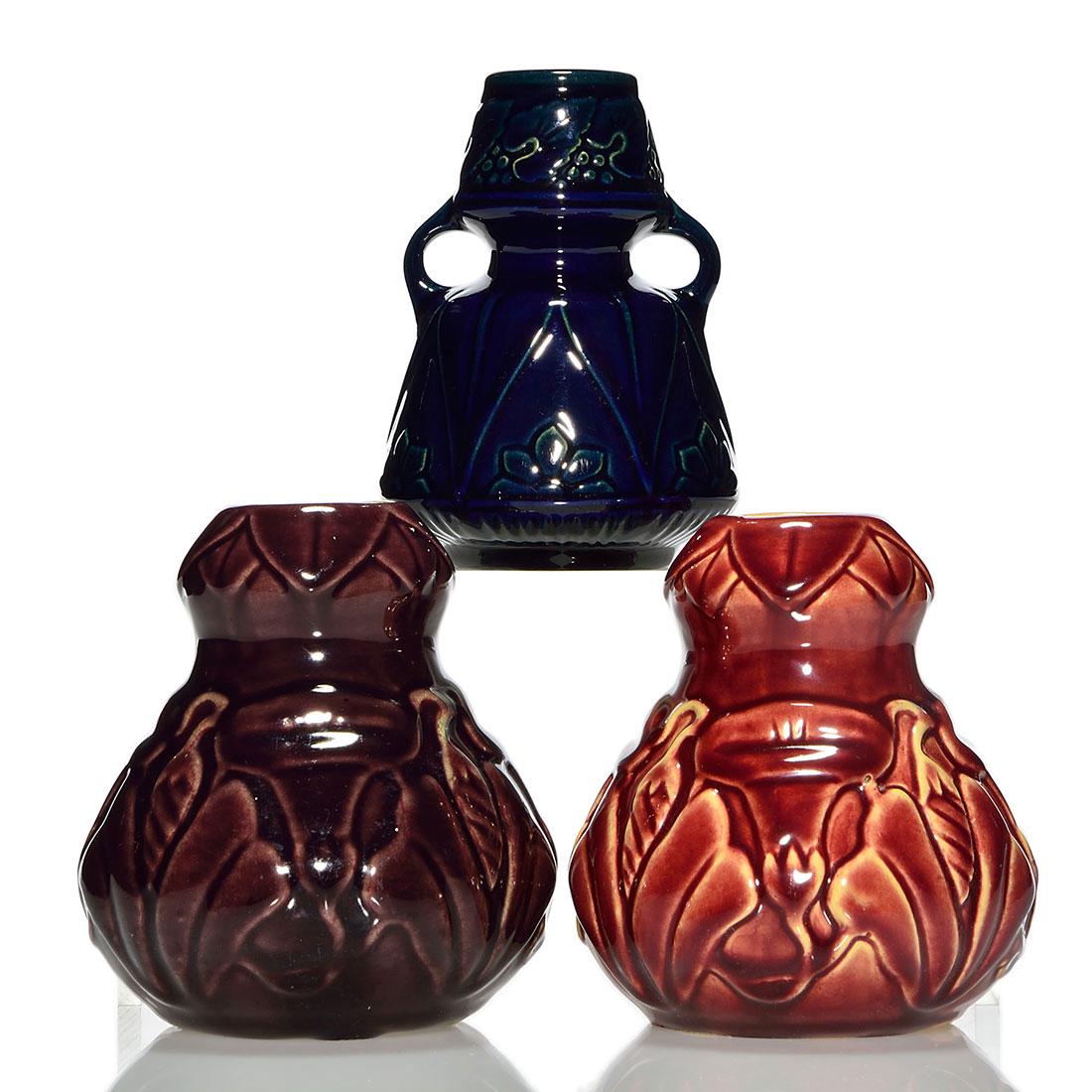 3 Early Weller glossy vases, floral, 4 1/2 (2), 4 5/8" (1 of 1)