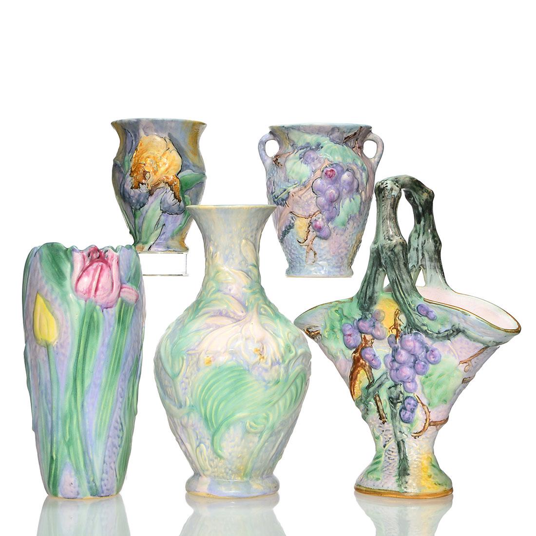 5 Weller Silvertone items 4 vases, basket, 12 1/2" (1 of 1)