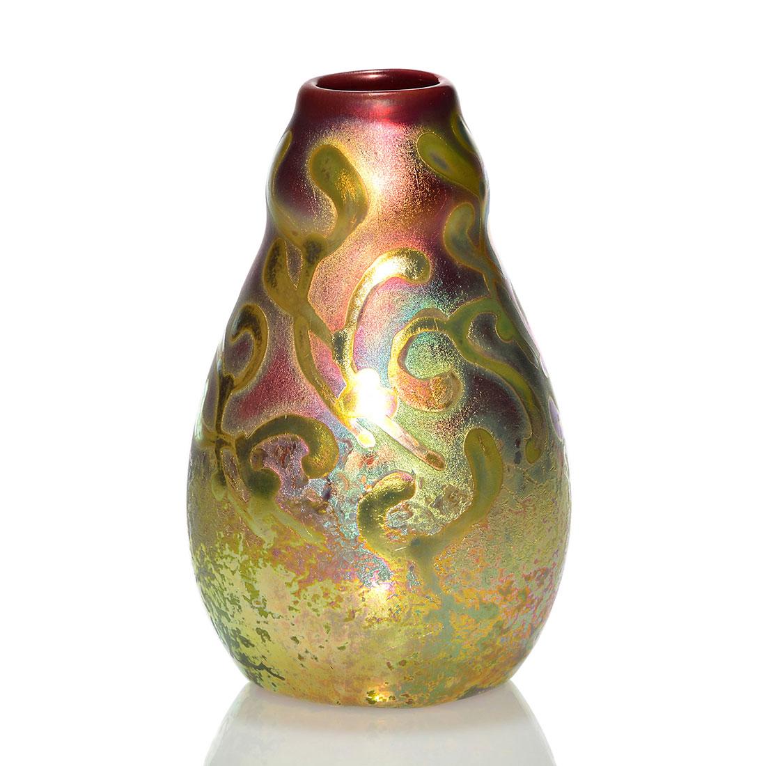 Weller Sicard vase, mistletoe design, 5", signed (1 of 2)