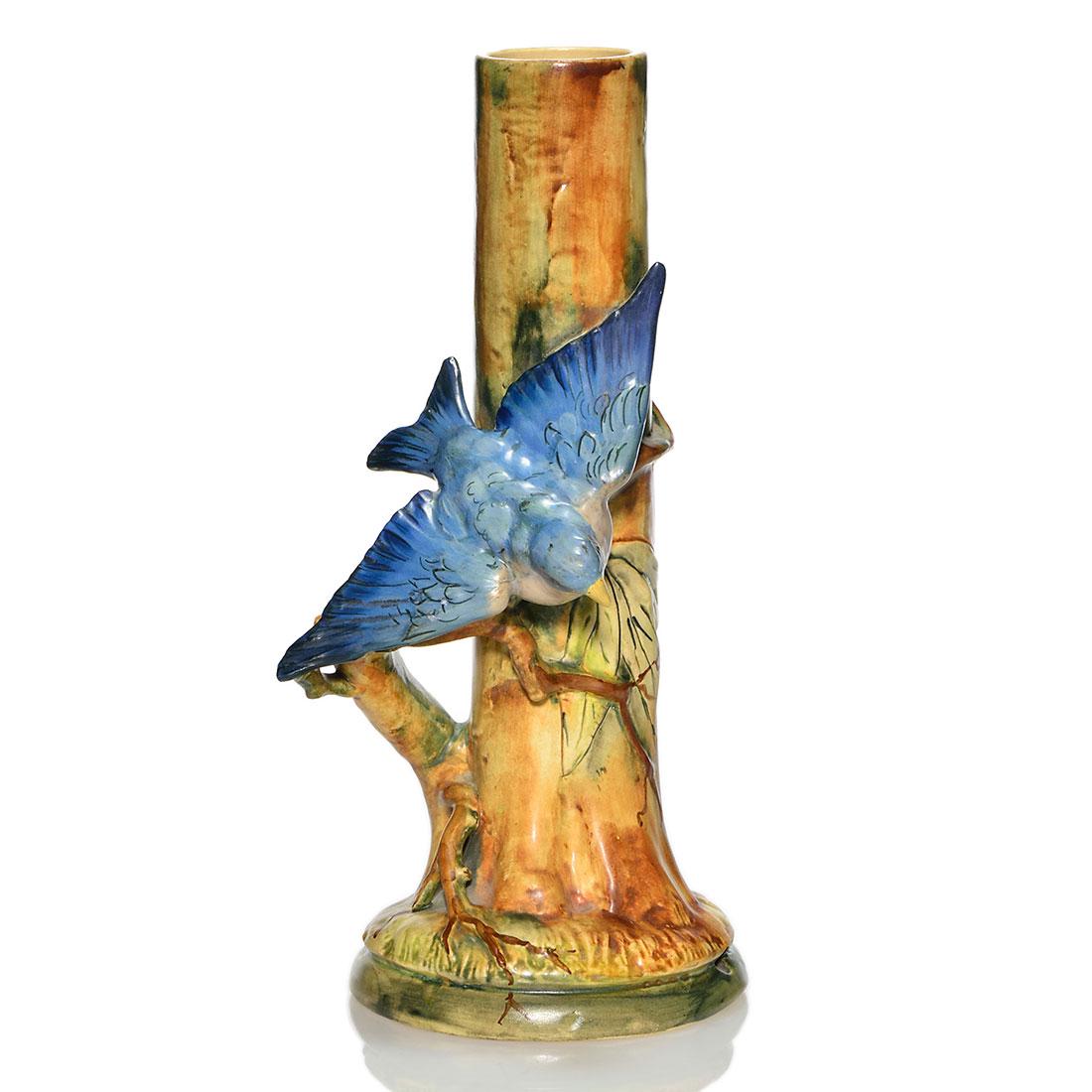 Weller Woodcraft lamp vase, blue bird, 13 1/8" (1 of 2)