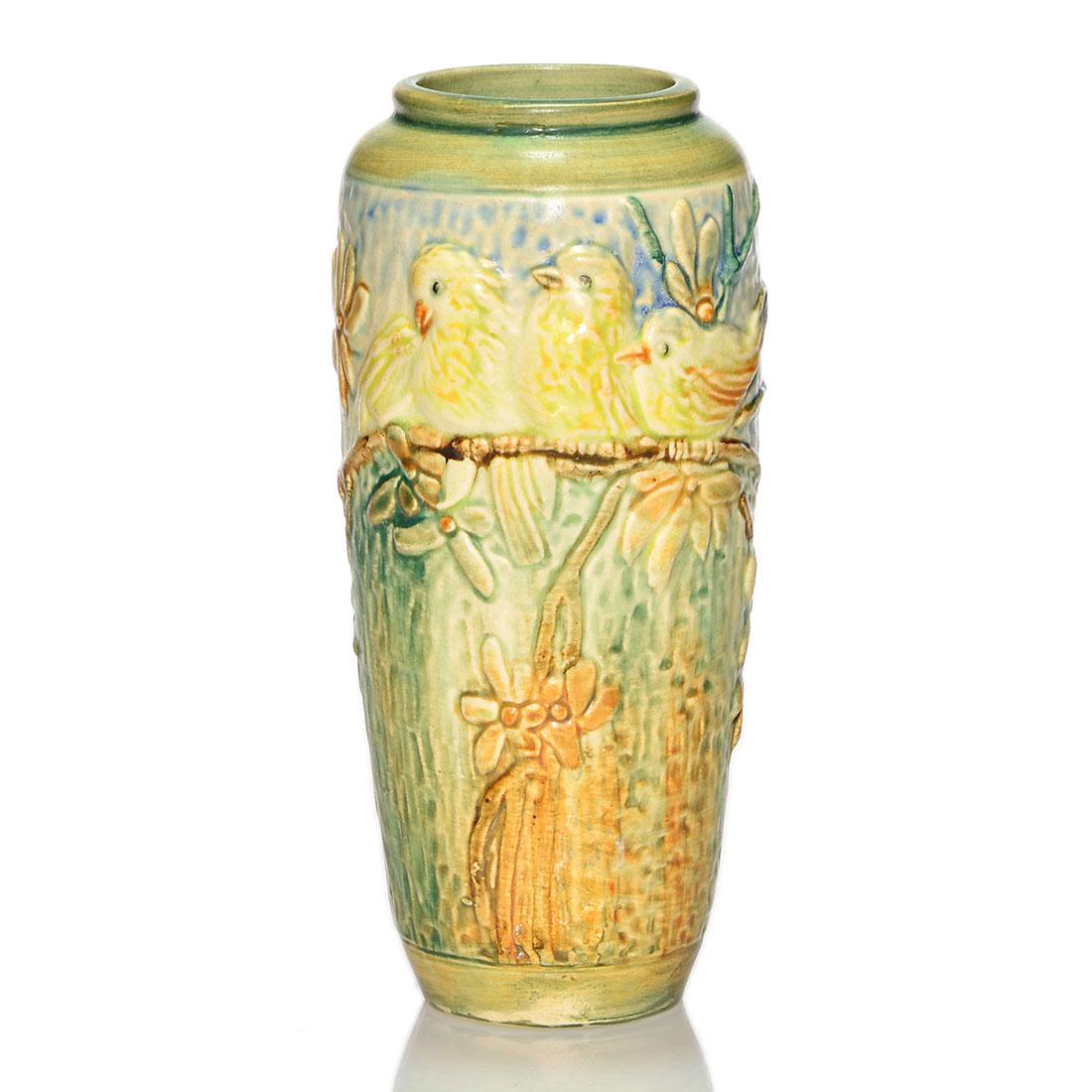 Weller Glendale vase, three yellow birds, 8 3/4" (1 of 2)