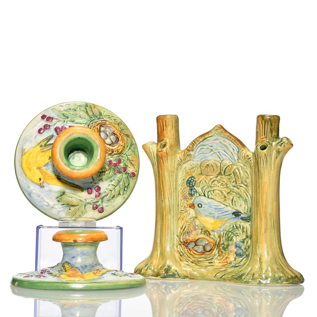 3 Weller Glendale items: double bud vase, candlesticks (1 of 1)