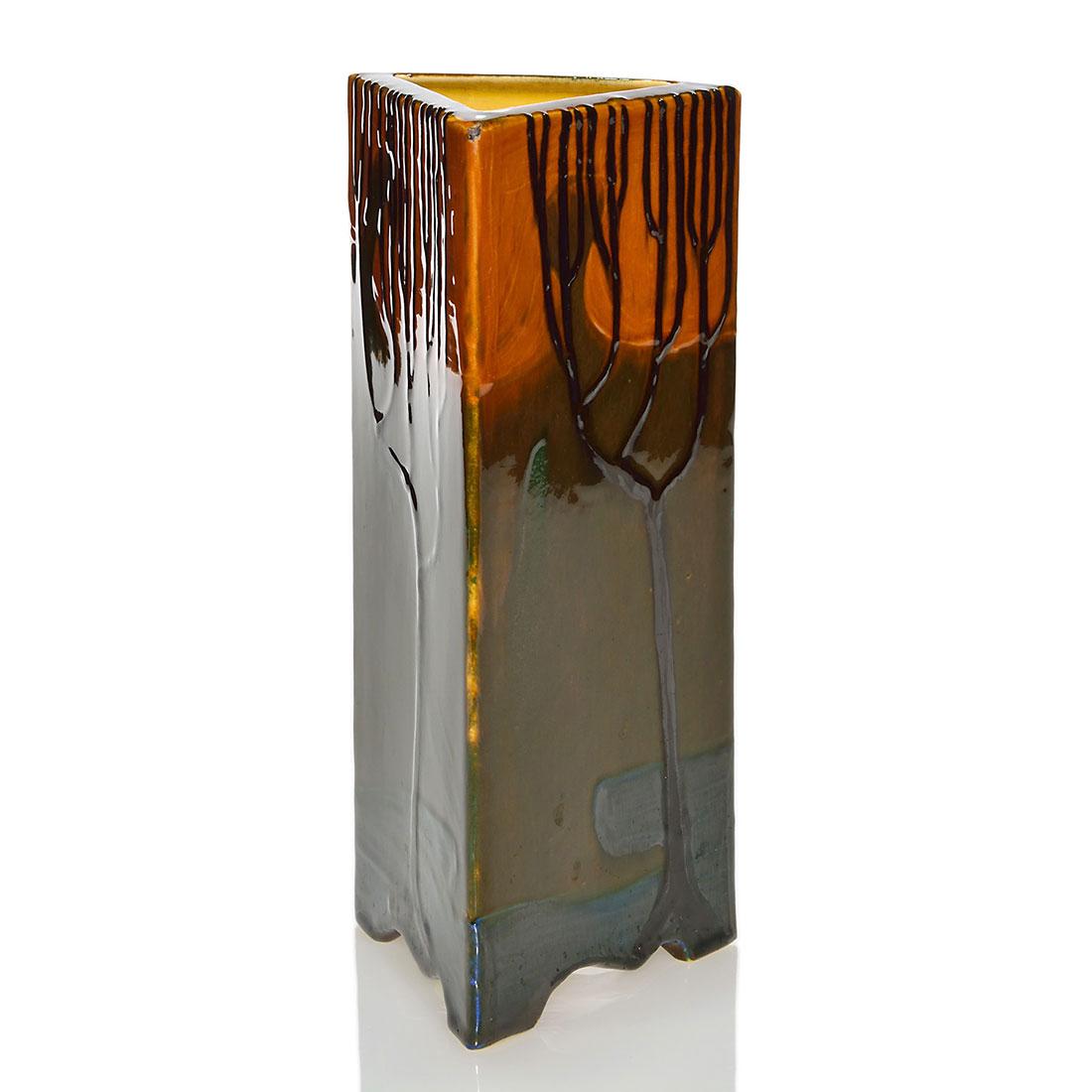 Vance-Avon triangular vase, Rhead influenced trees, 9", (1 of 2)