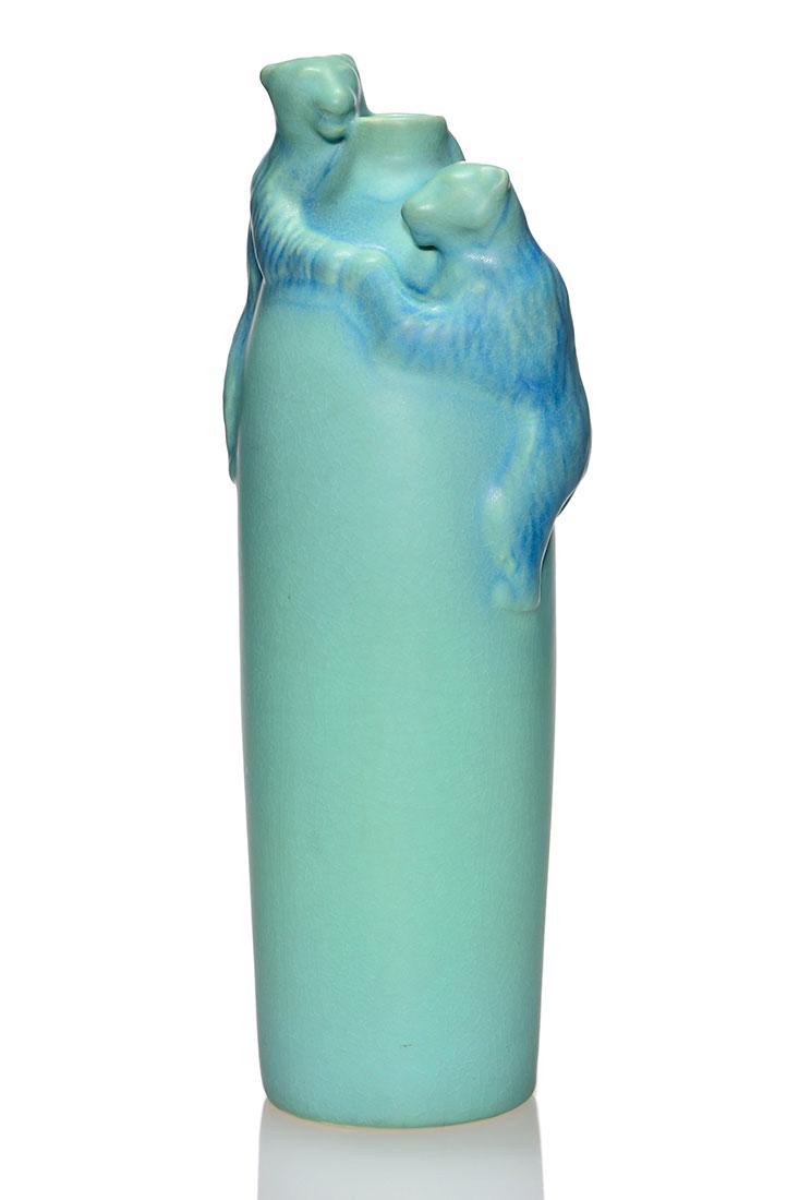 Van Briggle Climbing Bear vase in blue, 1930's, 15 5/8" (1 of 3)