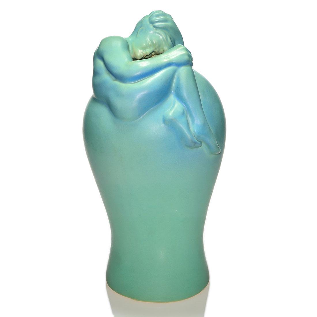 Van Briggle Despondency vase in blue, 16 5/8 inches (1 of 2)
