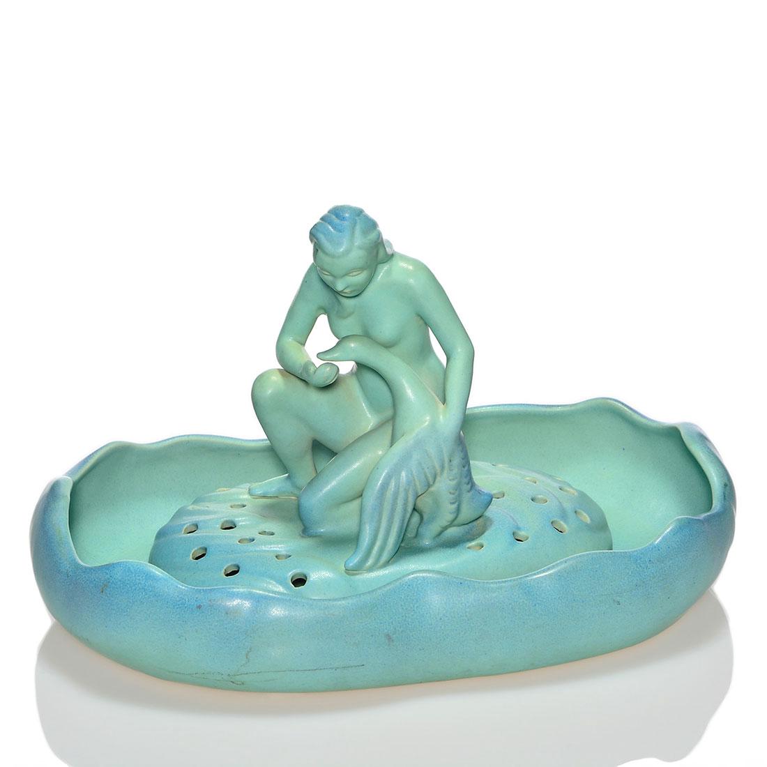 Van Briggle Water Nymph frog and bowl,blue/green, 8 3/4 (1 of 1)