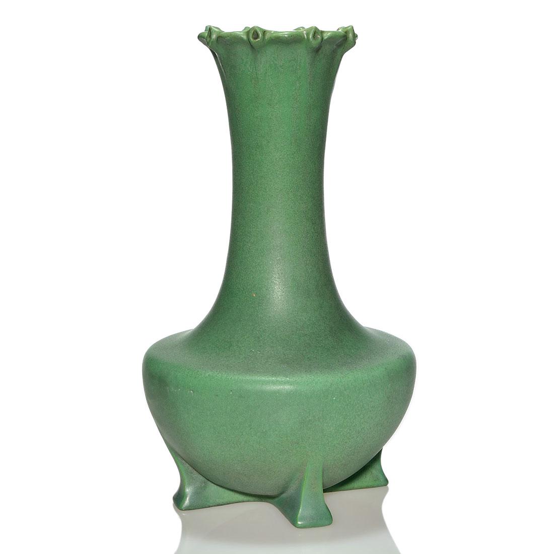 Teco vase, cross feet, floral rim, 13 3/4", shape 273, (1 of 2)