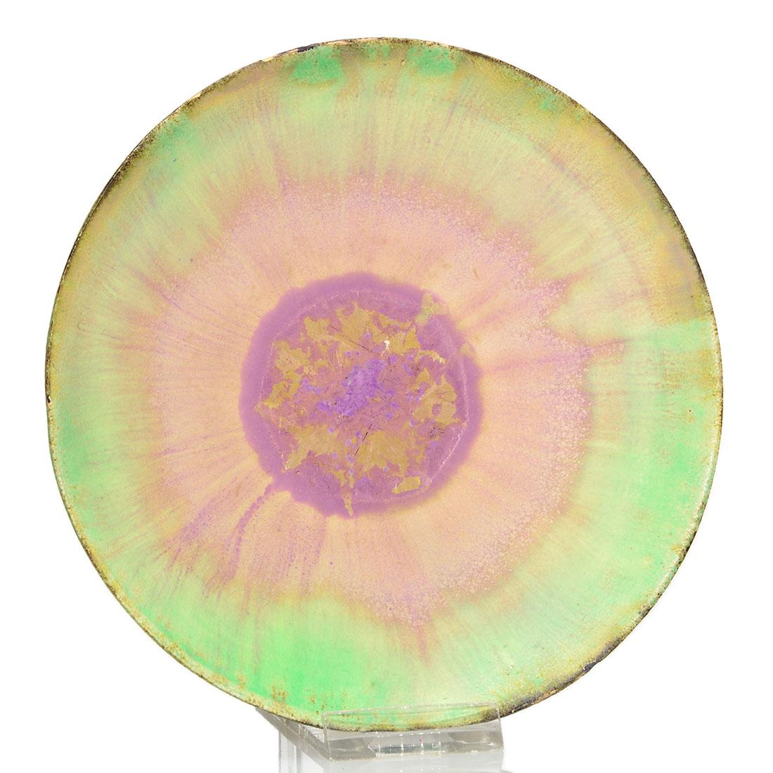Cabat bowl, green and purple crystalline, 2" x 6 1/8": Cabat bowl covered in purple and light green mat glazes with nice crystallization. Incised on the bottom 841, Cabat, 60 71. There are a couple of tiny nicks at the rim. Size is 2 inches high and 6 1/8