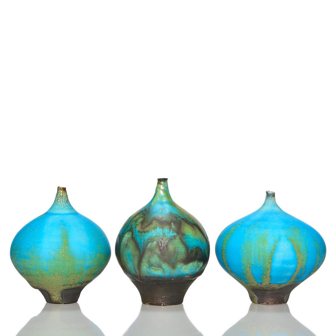 3 Cabat Feelie vases, turquoise & gold, 1 mottled, (1 of 1)