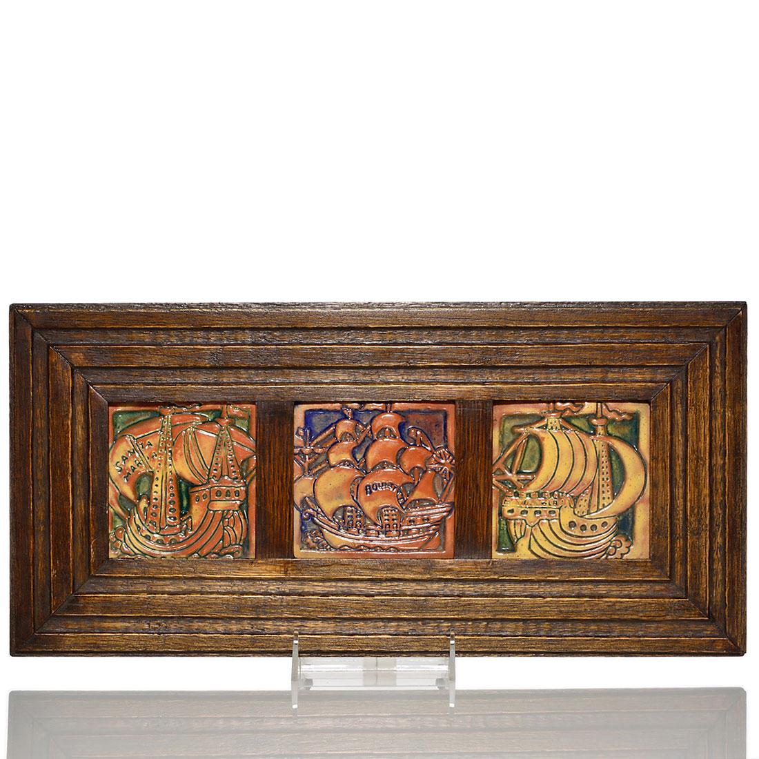 Moravian 3 tile set, ships, 4 x 4 inches, framed (1 of 2)