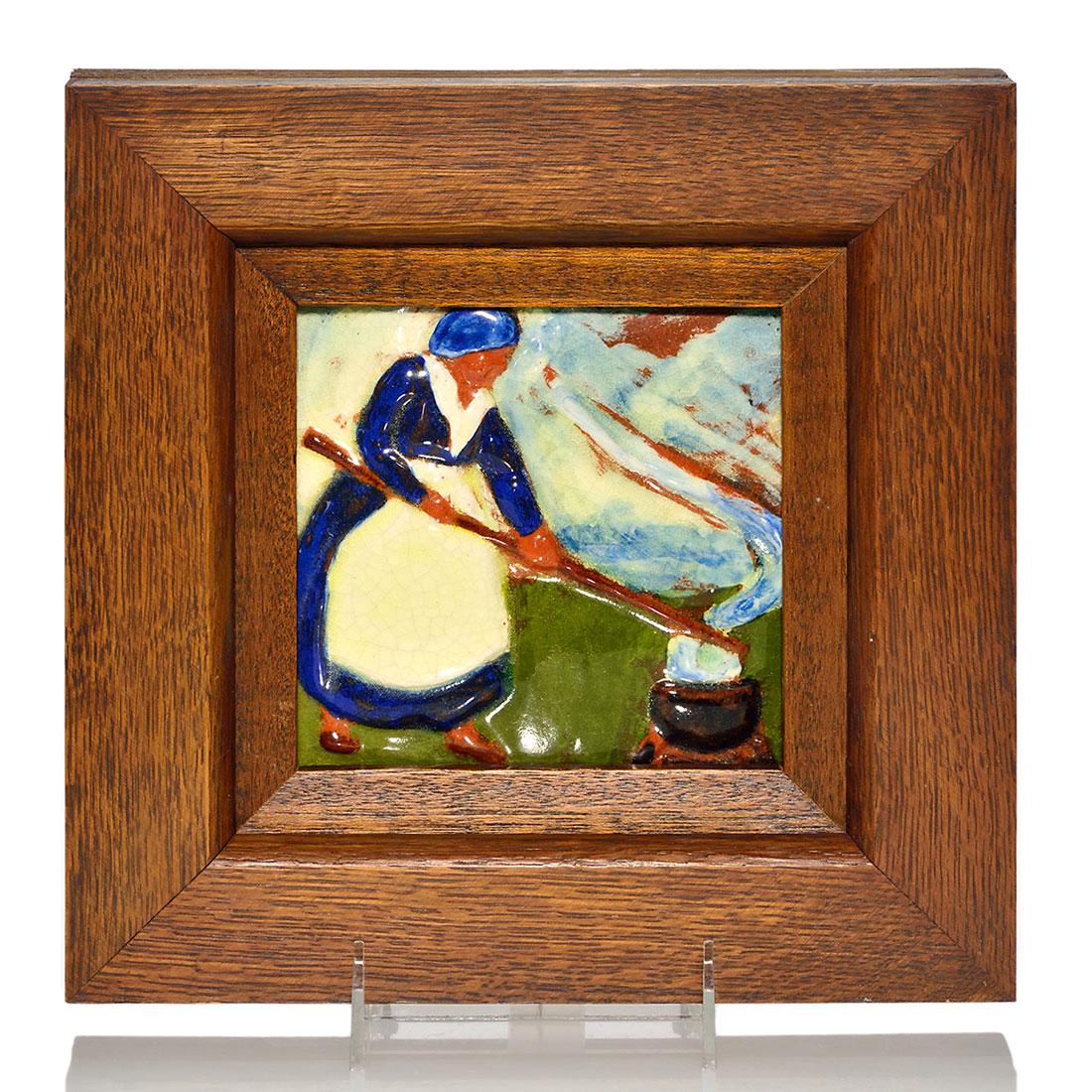 Brown County tile, Woman boiling wash, 5 1/2 inches,: Brown County Pottery 5 1/2 inch square hand pressed tile depicting a woman boiling her wash, covered in colorful high glazes. Incised on the back Brown County Pottery "36". There is fine overall crazi