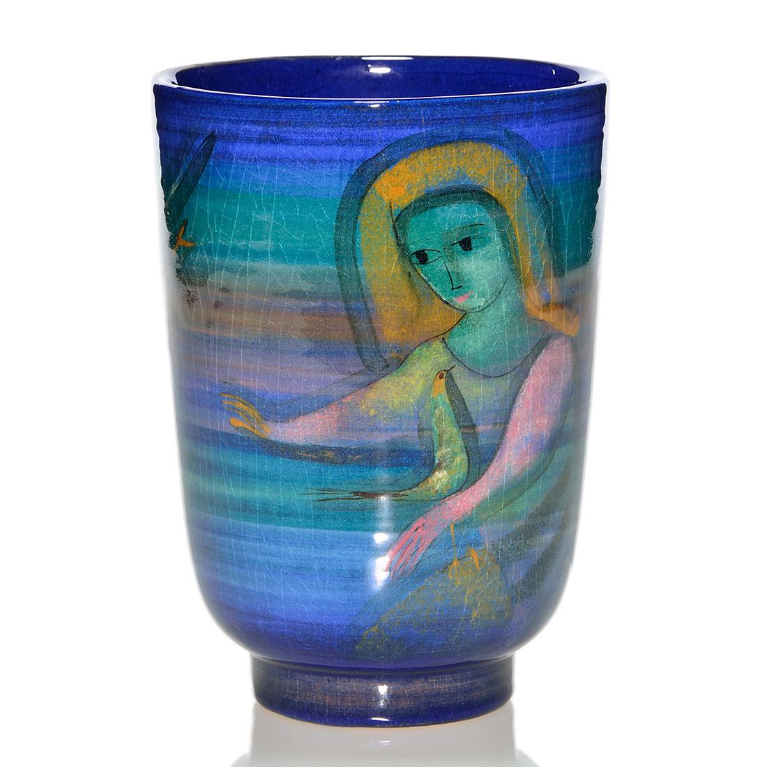 Pillin Pottery vase, woman & horse, woman & bird, 7", (1 of 2)