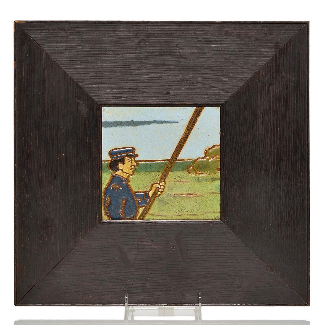 Unmarked tile, a fisherman, 6" square, oak frame (1 of 1)