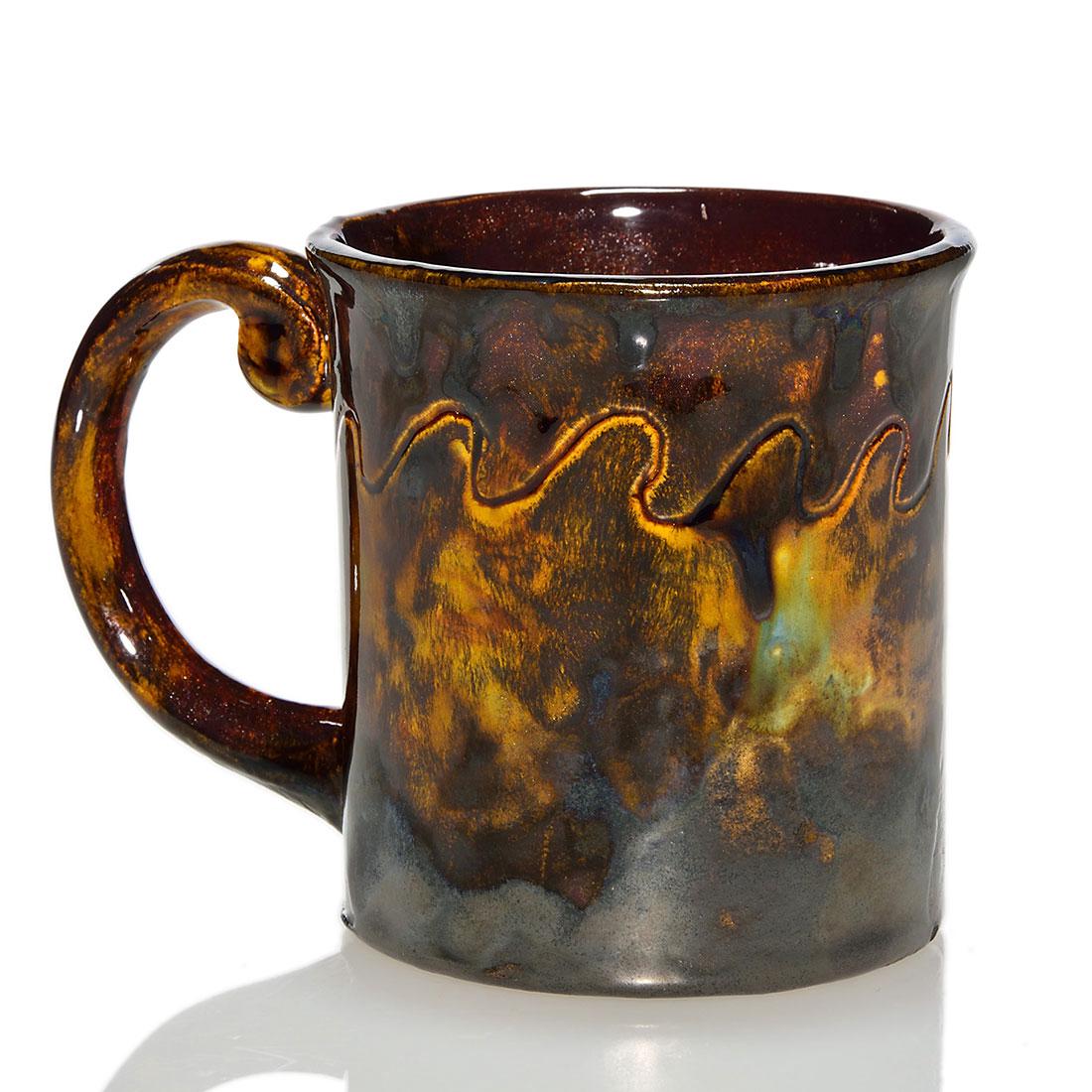 George Ohr mug, incised wave pattern,brown, 3 3/8" (1 of 2)