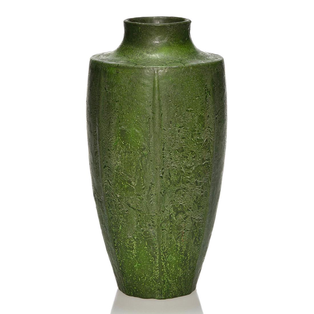 Grueby vase, organic green, ribbed, 9 1/2", marks (1 of 2)