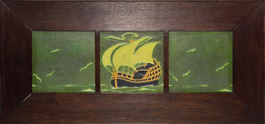 Grueby 3 tile tableau, ship with waves (1 of 2)