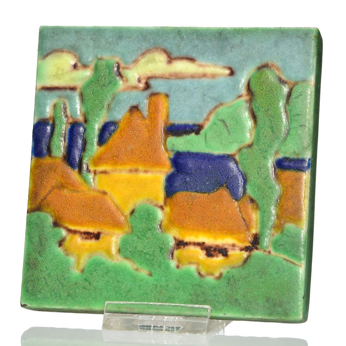 Pardee (Grueby) mat tile, houses, trees, clouds, 4 1/4" (1 of 1)