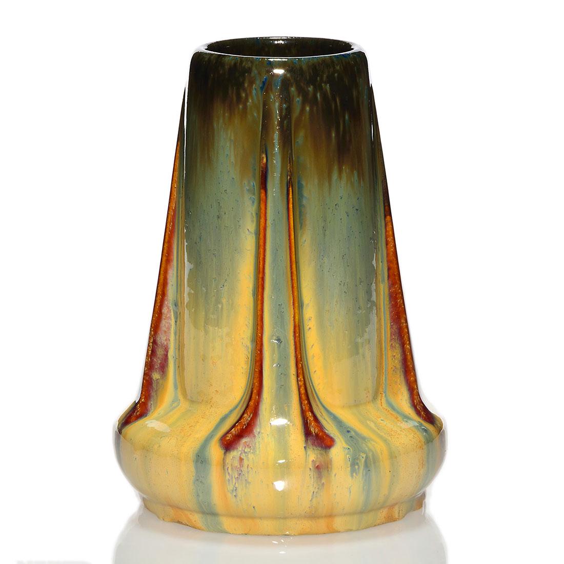 Fulper buttress vase, Flambe glazes, 8 1/8", incised (1 of 1)