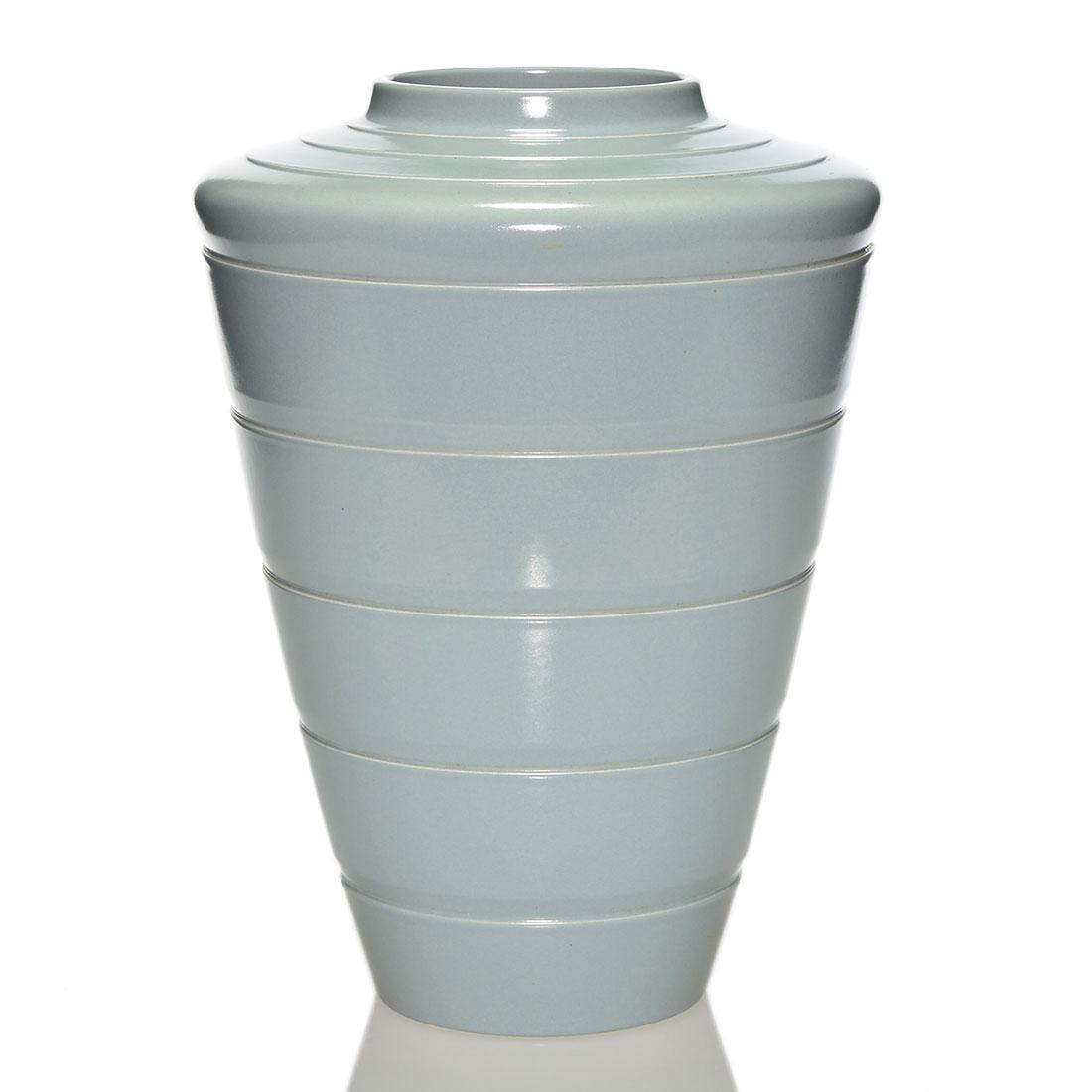 Wedgwood banded vase, Keith Murray, mat glaze, 11: Wedgwood banded vase, a Keith Murray design, covered in a blue-gray mat glaze. Impressed on the bottom, WEDGWOOD, Made in England, D, 1 and Keith Murray WEDGWOOD, Made in England. There is faint overa