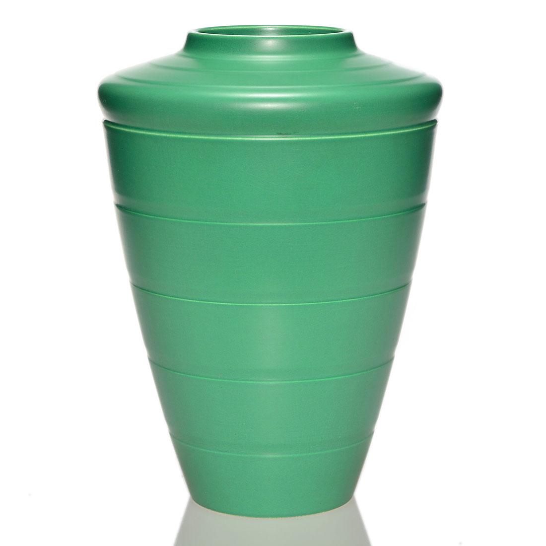 Wedgwood banded vase, Keith Murray, mat glaze, 11 1/4: Wedgwood banded vase, a Keith Murray design, covered in a green mat glaze. Impressed on the bottom, WEDGWOOD, Made in England, E, Y and Keith Murray WEDGWOOD, Made in England. There is faint overall c