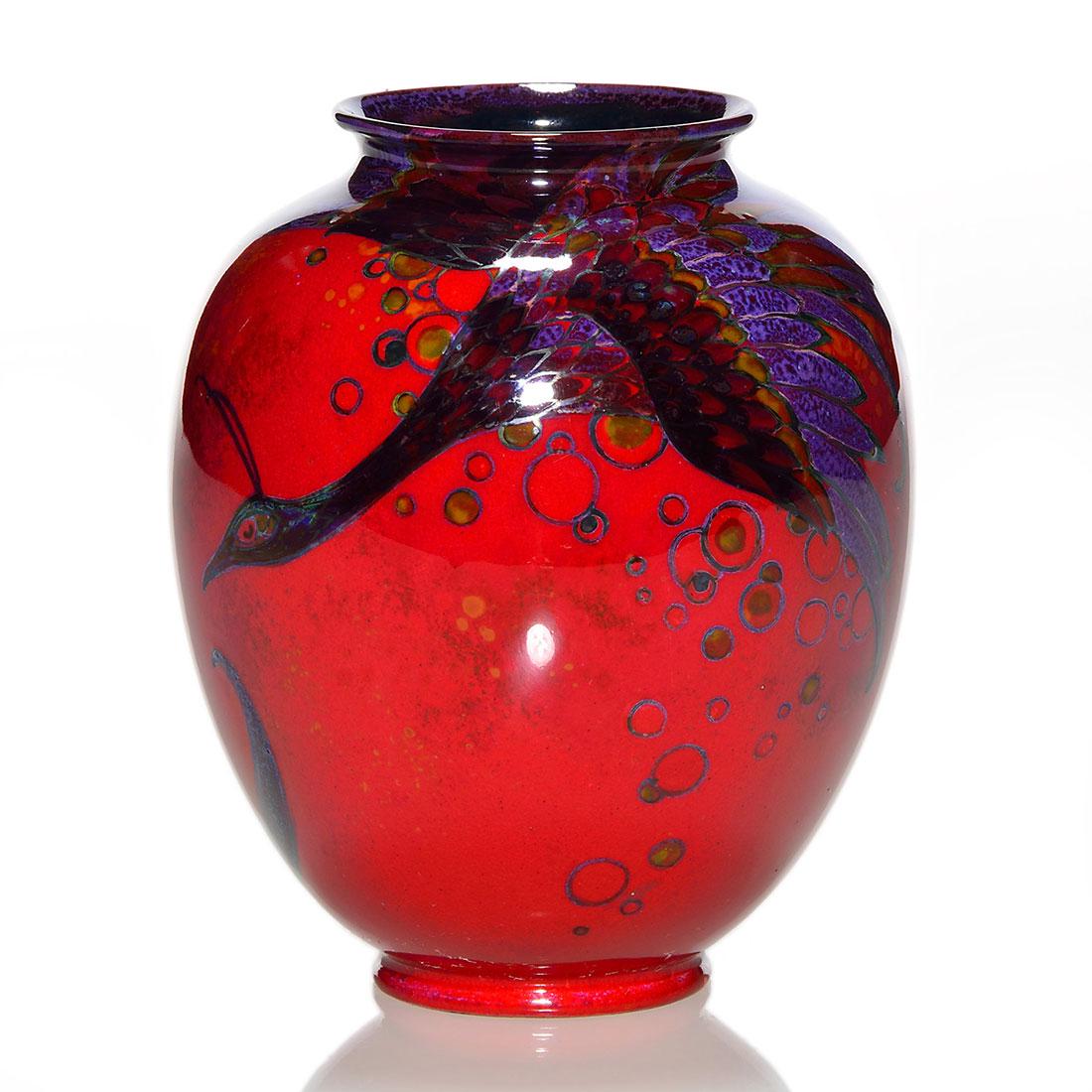 Royal Doulton Sung Flambe vase, peacock, 4 1/4", marks (1 of 3)