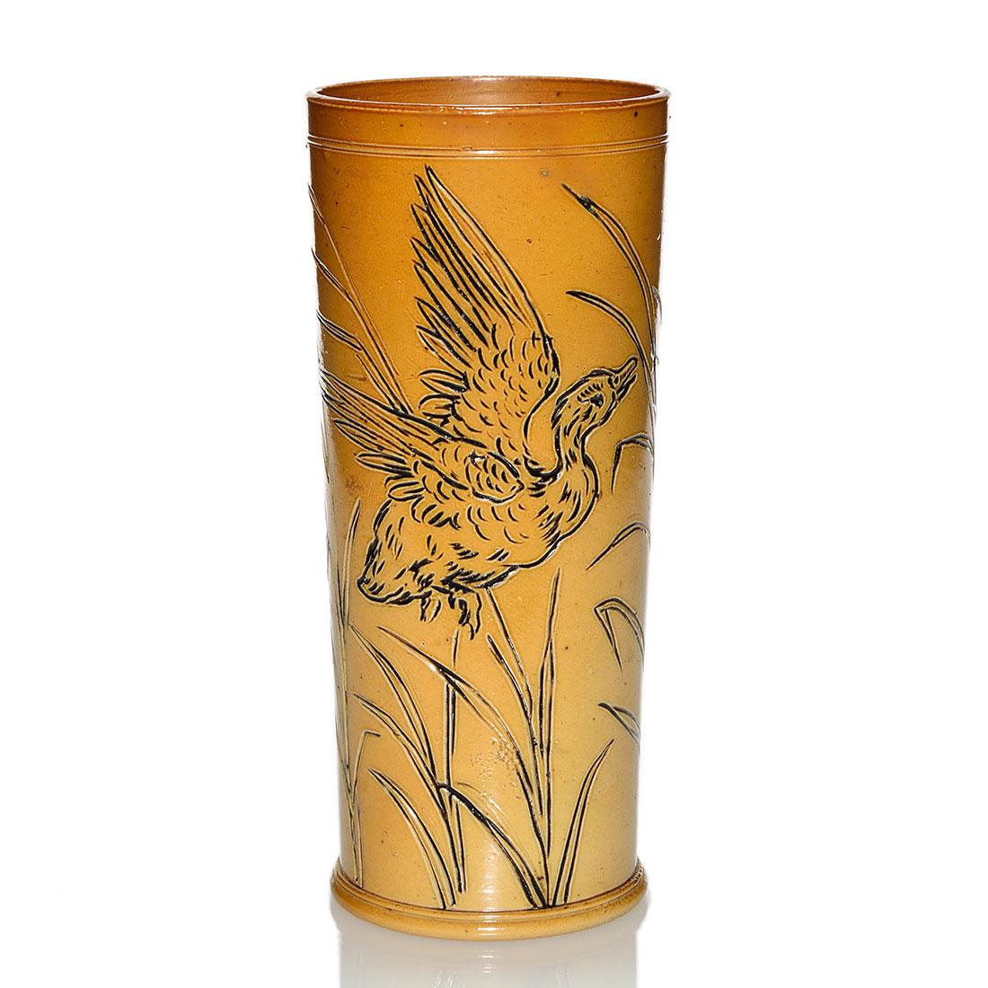 Doulton Lambreth vase, incised duck, H. Barlow, 10 1/2" (1 of 2)