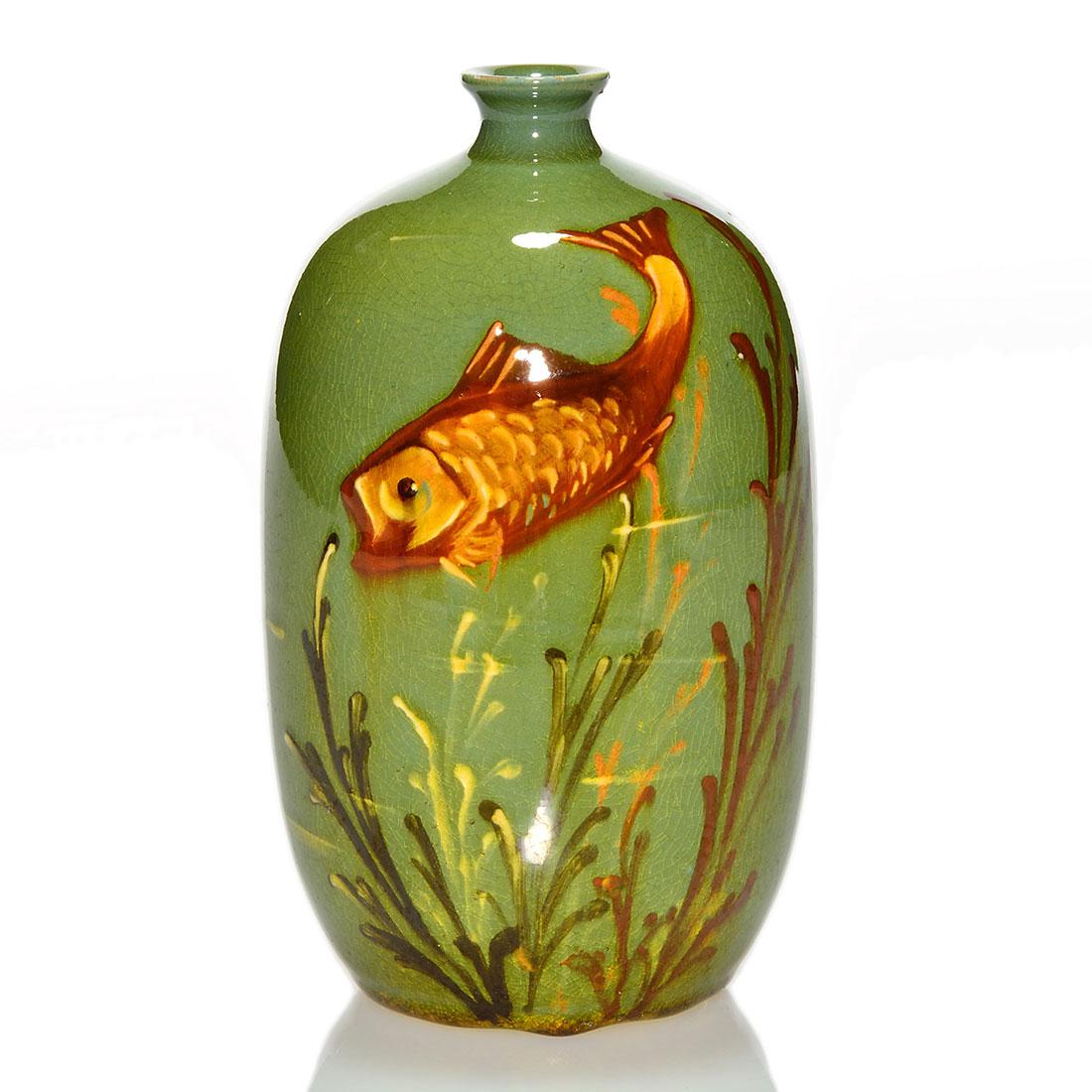 Wardll England vase, fish, reeds, 5 5/8", marks: Wardll England vase hand decorated with a fish among the reeds. Height 5 5/8 inches. Impressed Wardll, England 2021 and a logo. Fine crazing and glaze nicks to rim.