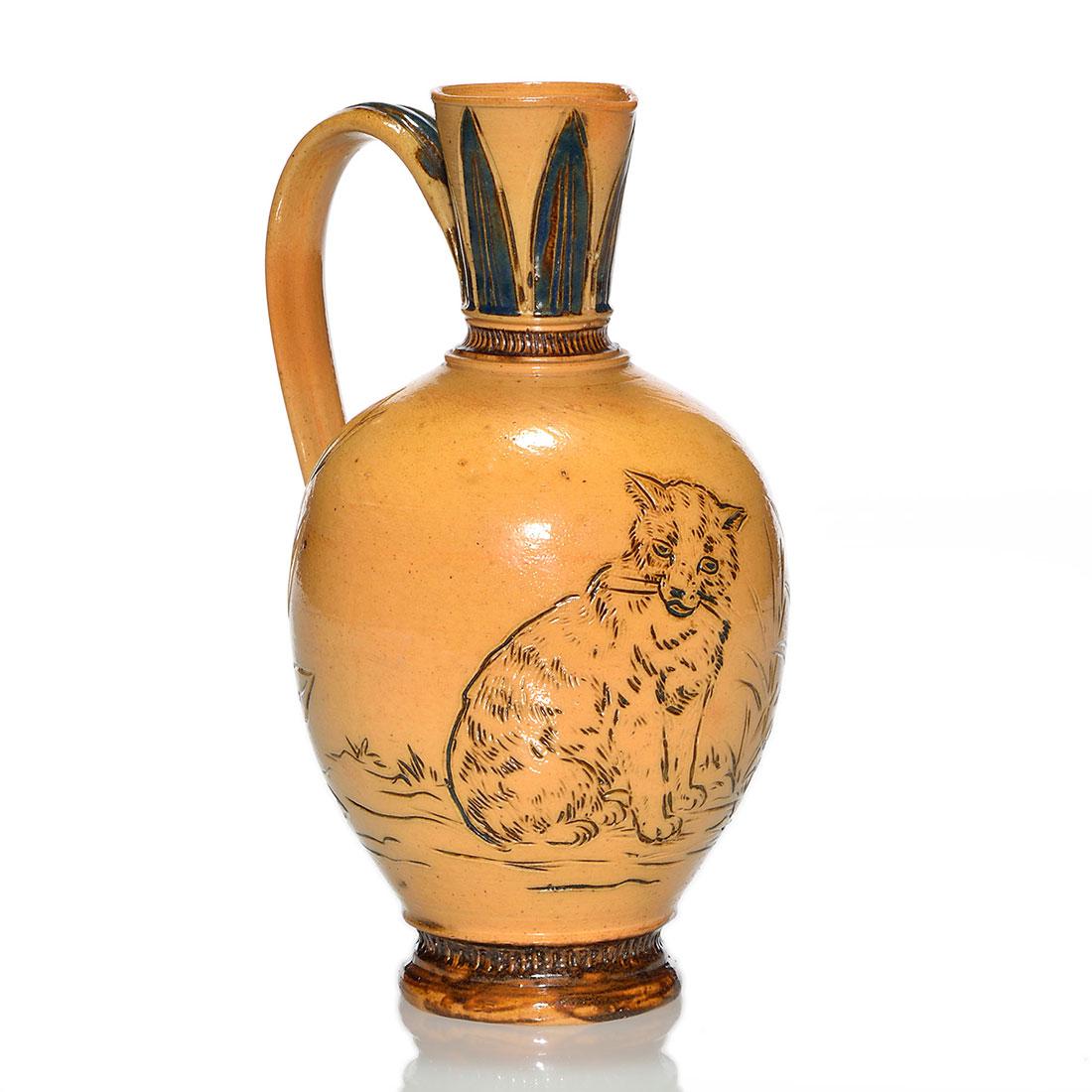 Doulton Lambreth stoneware ewer, H. Barlow cat, 7 3/4", (1 of 2)