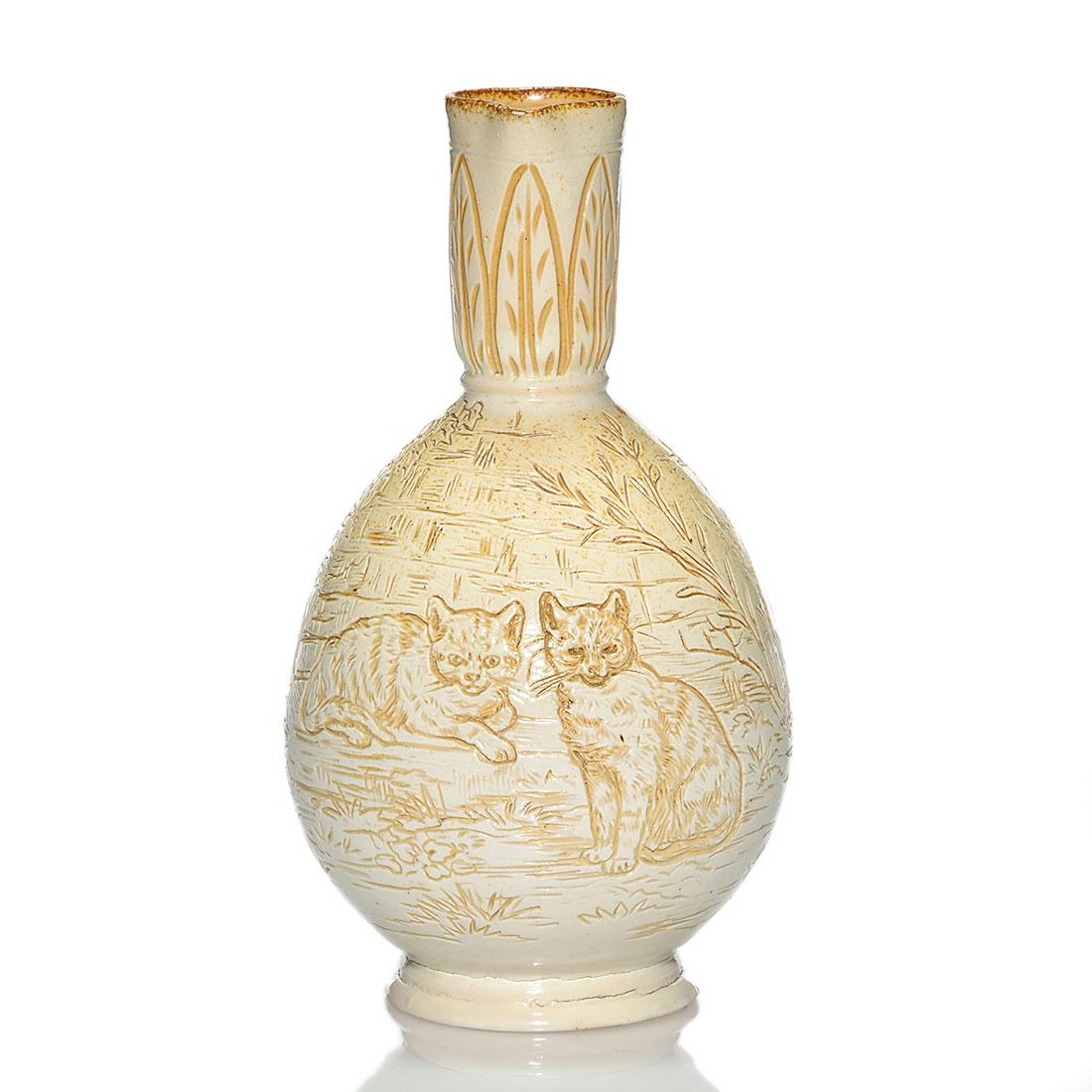 Doulton Lambreth ewer, H. Barlow cats & birds, 7 1/2", (1 of 2)