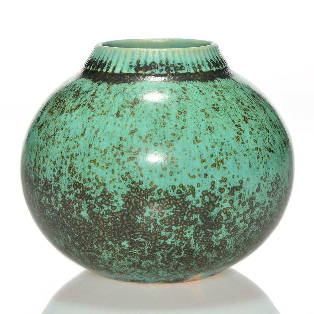 Saxbo round vase in Caribbean Blue glaze, Nielsen,3 5/8: Saxbo (Denmark) round vase with vertical collar decoration and impressive crystalline glaze known as Caribbean Blue most likely by Eva-Staehr Nielsen. Done, circa 1940, on a form created by Nathalie K