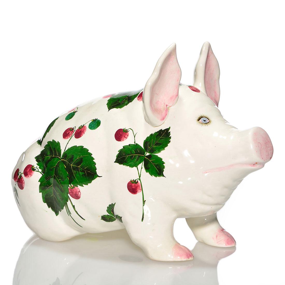 Plichta pig, hand painted raspberries by Joe Nekola, 11: Large Jan Plichta pig with raspberry decoration hand painted by Joe Nekola. The blue eyes of the pig are hand painted as are the eye lashes. Signed on the bottom in black slip, "Plichta London England
