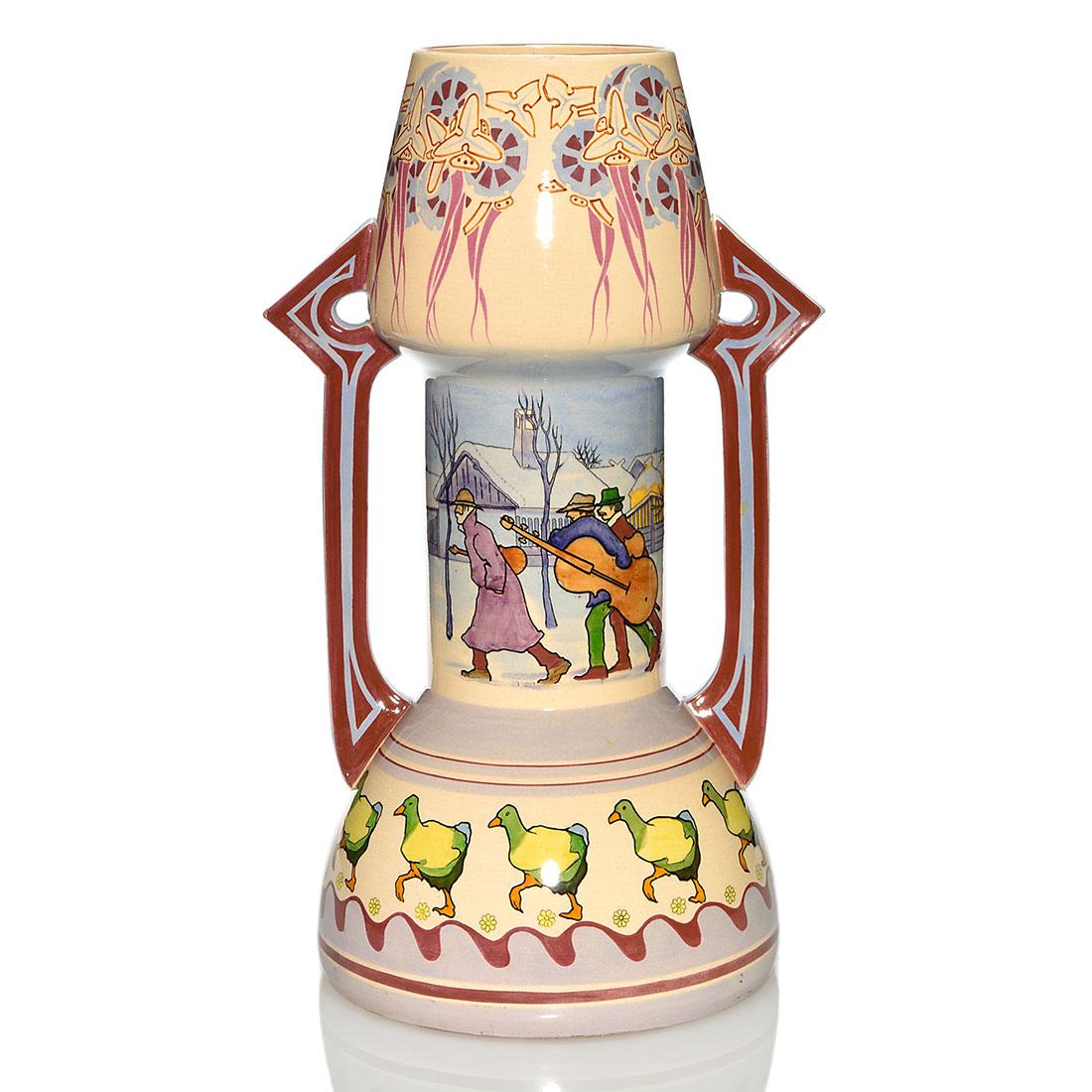 Emil Fischer vase, Budapest, musicians, ducks, 19 3/8 (1 of 2)