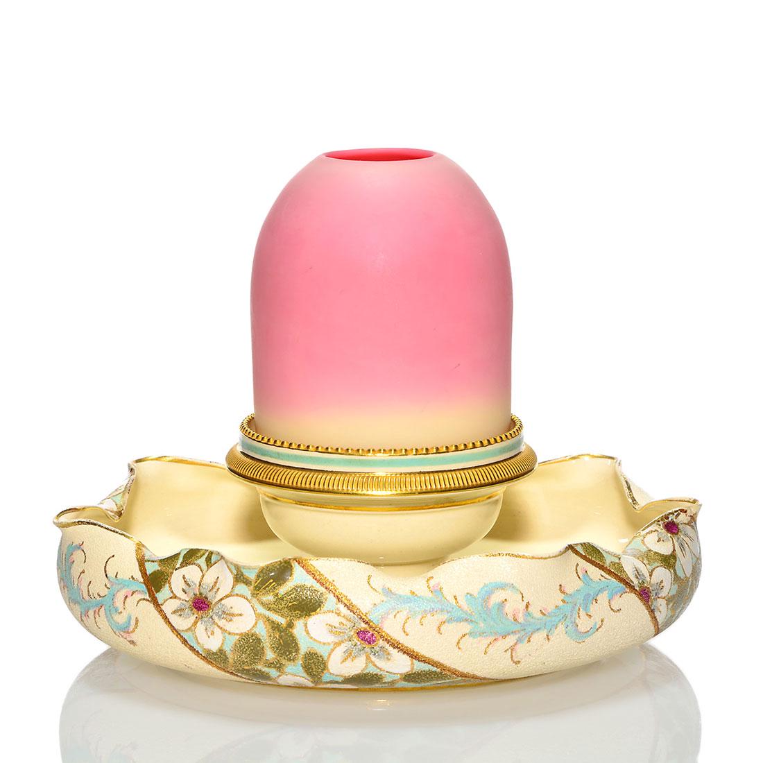 Webb Burmese fairy lamp, Clarke's tapestry base, 6 1/4" (1 of 2)