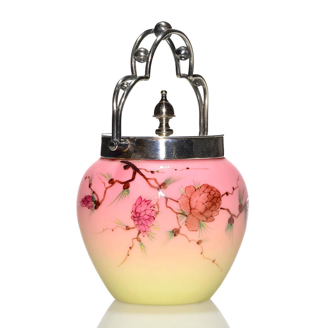 Webb Burmese marmalade, pine cones, 4 1/2", silverplate: Thomas Webb & Sons Burmese marmalade decorated with pine cones on a branch. Silver-plated disc cover, double arched handle with beading. Height 4 inches with cover, 6 inches with handle in up position