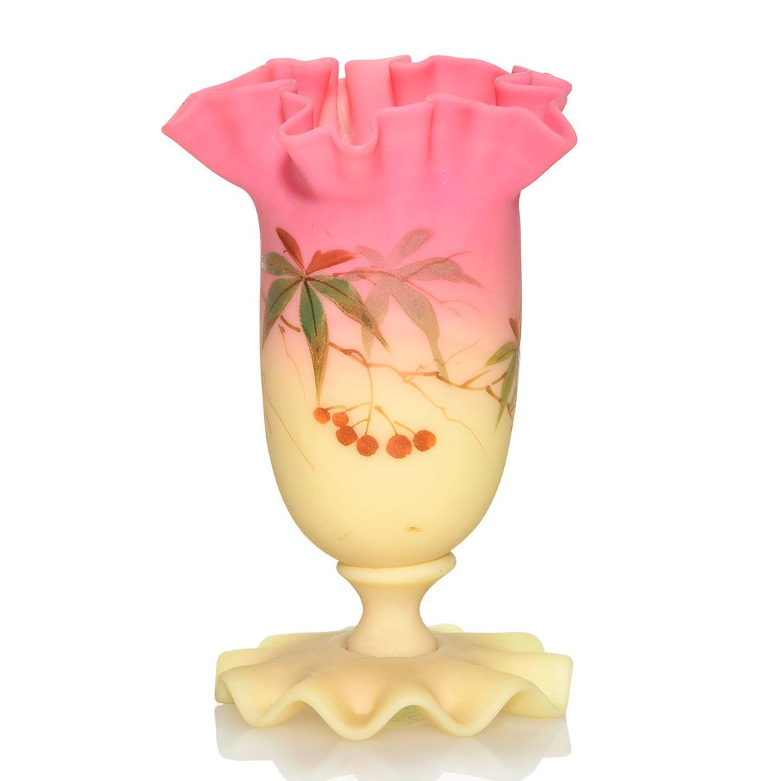 Thos. Webb & Sons acid Burmese vase, ruffle rims,4 1/4": Thomas Webb & Sons acid Burmese vase with a ruffled top and ruffled base and decorated with a berry woodbine vine. Height 4 1/4 inches. Excellent beautiful condition.