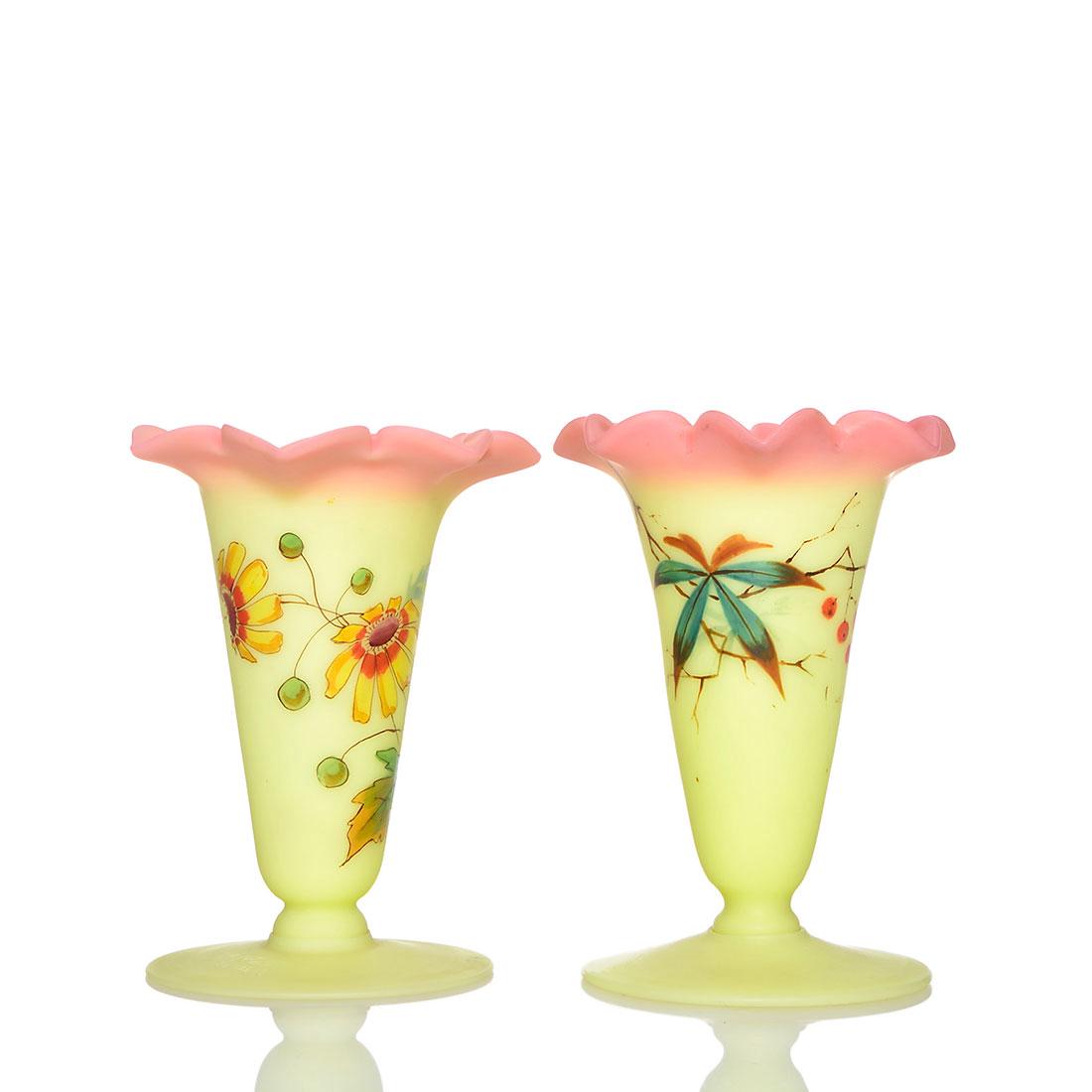 2 Thos. Webb & Sons Queens Burmese vases, acid, 4": Two Thomas Webb & Sons Queens Burmese footed vases with petal top rims, acid finish and decorated with either black-eyed Susans or woodbine. Heights 4 inches. Both are stamped with the registered Quee