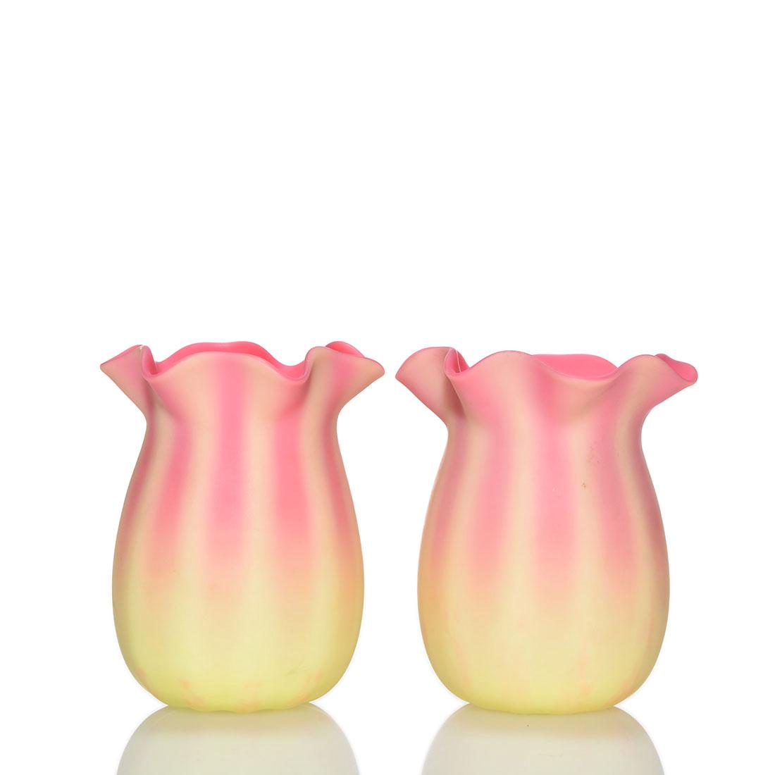 Pr. Webb Burmese miniature vases, ribbed bodies, 3 3/8": Pair Thomas Webb & Sons miniature Burmese vases with ribbed bodies and ruffled rims. Heights are 3 3/8 inches. Nice velvet surfaces. Excellent beautiful condition.